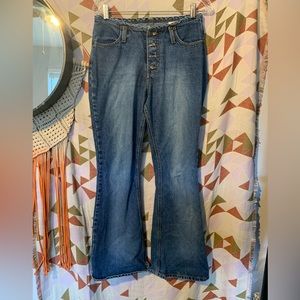 Y2K Mudd Jeans 7 29" Mid Rise Button Fly Flare Bootcut Back Patch Medium Wash